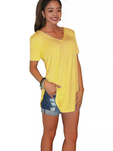 T-<span class=keywords><strong>shirt</strong></span> décontracté pour femme à manches courtes, col en V profond, couleur unie, respirant, coupe ample, style européen et américain, pour tous les jours - Product Image 4