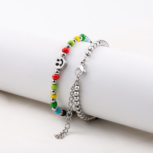 Pulsera de cuentas de arcoíris de dibujos animados con cara sonriente, de acero de titanio, unisex, joyería de moda. - Product Image 2