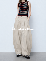 Pantalon plissé ample à jambes larges en coton froissé avec poche triangulaire arrière, coupe décontractée pour femme