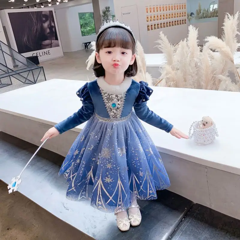 2024 gaun pesta anak perempuan, gaun Elsa Anna 2 lengan beludru berkualitas baik dengan jubah yang dapat dilepas karakter film untuk musim dingin