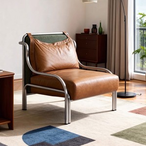 Fauteuil en cuir Hibiscus avec structure en acier inoxydable, marron, durable, fauteuil simple, meubles de salon - Product Image 3