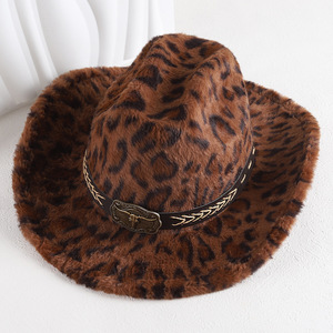 Sombrero de Vaquero ZhenXi M56-58cm con Estampado de Leopardo, Felpa Cálida, Estilo Otoño-Invierno - Product Image 1