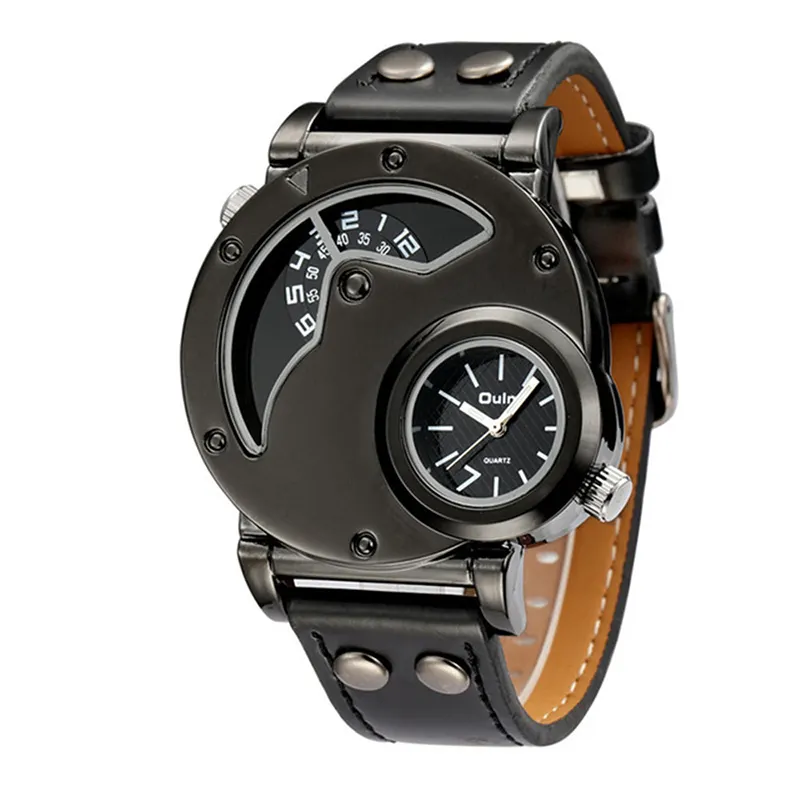 Cheap Casual Wholesale Dual Time Zone Sports Big Dial Unique Watch Quartz Men Black PU Leather Watches