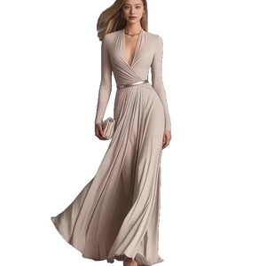 Robe élégante pour femme à manches longues, couleur unie texturée, col en V, taille haute, Nouvelle collection Printemps-Automne 2026, pour le marché transfrontalier Europe-États-<span class=keywords><strong>Unis</strong></span> - Product Image 5