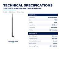 Antenne WiFi 2,4 GHz SMAMale 2400-2500 MHz 7dBi pliable à 90 degrés, tige de 390 mm, 50 ohms pour routeur sans fil et point d'accès