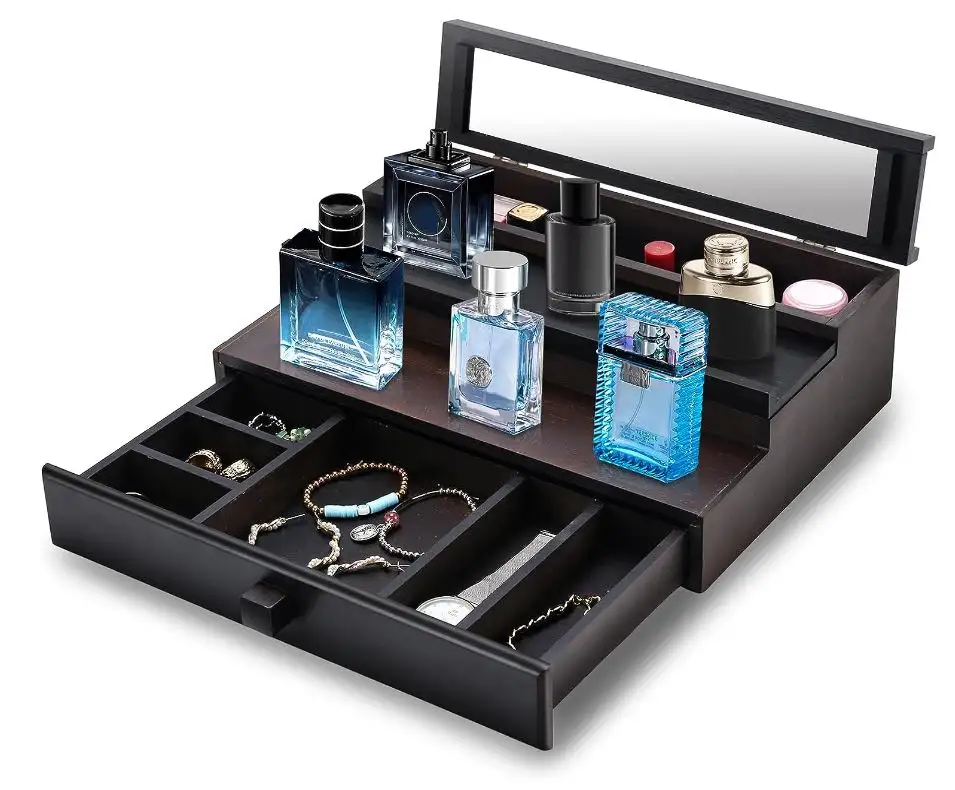 Organizador de Colonia de madera personalizado para hombre, soporte de Colonia de 3 niveles con espejo, soporte de Perfume con cajón y compartimento oculto