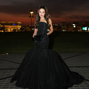 Элегантное вечернее платье Sharon Said SF595 черного цвета без бретелек с перчатками, силуэт «русалка», для женщин, для свадьбы, арабского бала, нет в наличии - Product Image 1