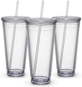 לוגו מותאם אישית לשימוש חוזר 32 oz אקריליק פלסטיק כפול דופן ברור מים לשתות כוס כוס עם מכסה וקש