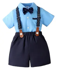 Baby Boy Gentleman Formal Clothes Boys Romper Suits Set Baby Boy Bow Front Shirt & Polka Dot Print Pinafore Shorts