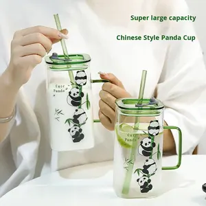 Tazza in Vetro Quadrata con Stampa di Panda Carino <span class=keywords><strong>per</strong></span> Donne, Bicchiere <span class=keywords><strong>per</strong></span> <span class=keywords><strong>Caffè</strong></span> e Tè, <span class=keywords><strong>Bicchieri</strong></span> Originali con Coperchio e Cannuccia - Product Image 5