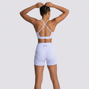 Women's Casual Cropped High Waist Gingham <b>Pattern</b> Polyester Sport <b>Leggings</b> Light Blue Checkered Stretch Breathable Quick Dry - Product Image 3
