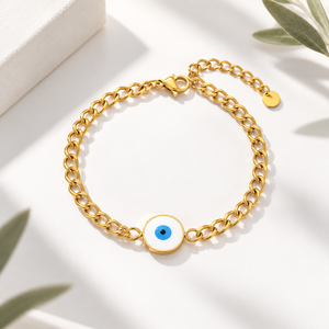 Gold Tone Link Bracelet Stainless Steel 14K Gold Vacuum Plated White and <b>Blue</b> Enamel Lobster Clasp - Product Image 1