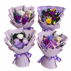 Bouquet di Rose Eterne <span class=keywords><strong>Viola</strong></span> con Orsacchiotto, Fiori Veri Essiccati per Decorazioni Casa, Regalo di San Valentino e Compleanno - Product Image 2