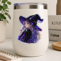 Autocollant personnalisé d'art anime sorcière, en vinyle PVC, découpé à la forme, résistant aux UV, avec feuille holographique et effet holographique arc-en-ciel manga, pour décoration et cadeaux d'artistes