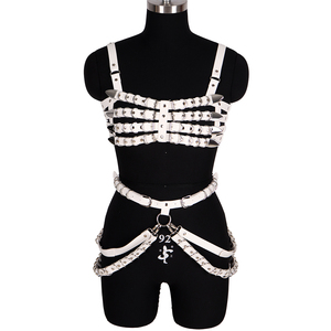Traje de baile de escenario, lencería de bondage, corsé ajustable burlesco, cinturón de ropa interior de cuero negro, rosa y blanco - Product Image 4
