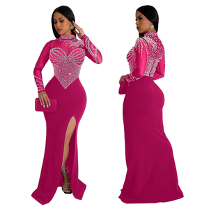 Nuevo estilo europeo, vestido transparente con cuentas, cuello redondo, manga larga y abertura alta para mujer - Product Image 5