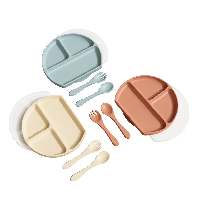 Bpa Free bellissimi bambini Dinning piatti di aspirazione cucchiaio e forchetta per bambini in Silicone piatti cena con coperchio in Silicone ventosa