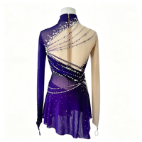 Robe de patinage artistique pour enfants, violette, à strass, col montant, dos ouvert, pour spectacle sur scène et compétition de patinage sur glace