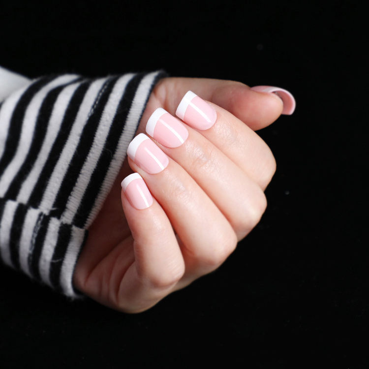 24pcs Pink Nude White French Fake Nails Short Square False Press on Nails Artificial Fingernails for Women