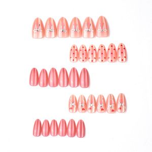 Faux ongles à presser courts en amande pour la Saint-Valentin, faits main, rose œil de chat, nœud métallique, petit cœur, en gel souple, pour les rendez-vous, vente en gros - Product Image 3