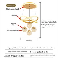 Lámpara Colgante LED Moderna Dorada para Salas de Estar, Lámpara de Araña Minimalista con Anillo de Cristal, 4 Esferas, Altura Ajustable, Inalámbrica