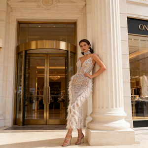 Abiti da Sera Eleganti per Signore con Perle Bianche e <span class=keywords><strong>Piume</strong></span>, Vestiti Senza Maniche con Strass per Feste di Compleanno e Balli di Gala - Product Image 4
