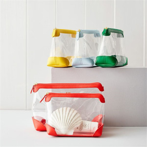 Transparent PVC cosmetic bag/<b>storage</b> bag, minimalist style, clutch zipper bag, leather patchwork <b>toiletry</b> bag. - Product Image 1