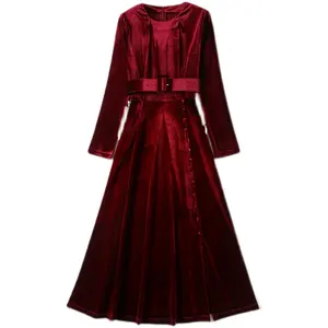 Nouvel arrivage de vêtements élégants pour femmes, robes en velours rouge vin, vente en gros, automne et hiver, 2023