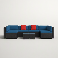 Ensemble de canapés modulaires d'extérieur en rotin PE, en forme de L, avec coussins bleu marine et table basse en verre, 5 pièces