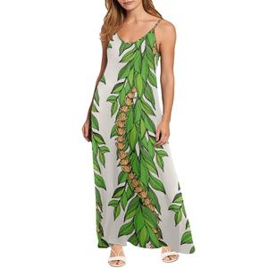 Falda larga con tirantes sexi de talla grande para mujer, diseñador uno a uno, estampado personalizado a pedido, vestido de mujer con estampado completo de hojas de Maile - Product Image 3