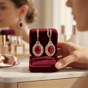 Pendientes de Oro de 18K con Rubí Ovalado y Halo de Diamantes, Cierre de Langosta, Joyería para Fiesta Formal, Boda, Plata para Mujer - Product Image 2