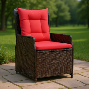 Chaise de patio inclinable marron avec coussin rouge, mobilier d'extérieur, design contemporain, siège en rotin tressé pour 1 personne - Product Image 2