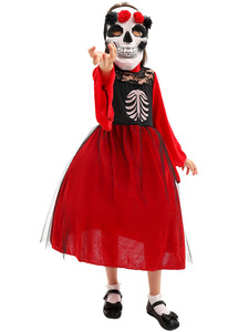 Vestido Rojo de Gasa para Niñas de Halloween con Decoración Facial de Esqueleto para Actuaciones en Televisión y Cine, Fiestas y Celebraciones - Product Image 2