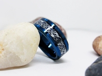 Poya Bleu 8mm Tungstène Anneau Argent Celtique Dragon Incrustation Bord Biseauté pour Alliance pour Hommes Femmes
