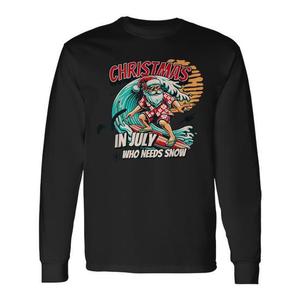 T-shirt à manches longues « Noël en juillet » avec motif Père Noël sur le surf, tenue de vacances d'été à la plage - Product Image 1