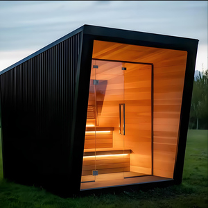 Estufa de Sauna Tradicional de Madera Maciza de Abeto Nórdico, Ecológica, con Infrarrojos Eléctricos, para 4-6 Personas, Puerta Panorámica de Vidrio, Estilo Villa Forestal - Product Image 1