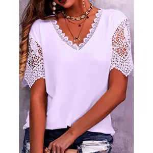 2023 European and American women's t-shirt hot products lace stitching loose V-neck short-sleeved T-shirt