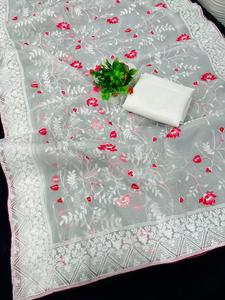 Saree en soie de satin de fil de Jari de travail en soie d'organza doux en nylon lourd avec chemisier en dentelle prêt à l'emploi - Product Image 2