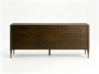 Commode FERLY de style provincial français à 9 tiroirs, finition bois, accents en laiton antique, meubles de rangement pour chambre à coucher