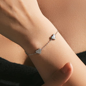S925 Silver Women's Heart Chain <b>Bracelet</b> With Crystal Rhinestone Pave Setting Romantic Everyday Wear - Product Image 4