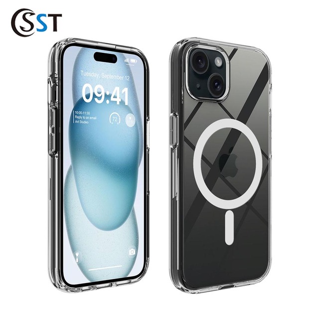 Transparent Phone Case for iPhone 14/15 Plus Factory Direct Clear Magnetic Shockproof Anti-Yellow Cover