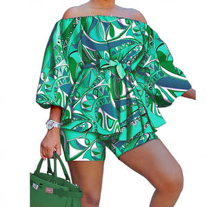 Ensemble imprimé tie-dye coloré de grande taille pour femmes, taille ample, manches chauve-souris, épaules dénudées, ensemble <span class=keywords><strong>short</strong></span> serré, ensemble deux pièces - Product Image 3