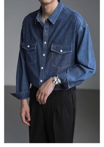 Camicia in Denim Casual di Alta Qualità Primavera 2026, Taglie Forti, per Uomo, con Colletto e Doppia Tasca, Maniche Lunghe - Product Image 5