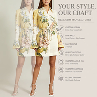 Robe Mini-jupe Bohème Rétro Imprimée OEM pour Femme, Coupe Ample, Manches Longues Évasées, Taille à Nouer, Boutons, Style Décontracté d'Été