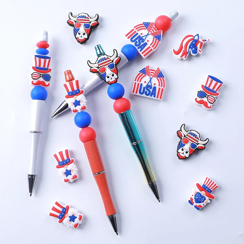 Caneta de silicone com contas DIY para fazer joias e brinquedos de dentição de bebês, acessório de silicone foco personalizado para recém-nascidos, dia da independência