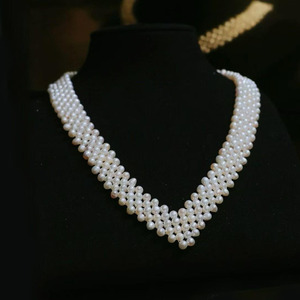 Handmade Multi-Row V Shape Freshwater Pearl <b>Choker</b> Necklace High Luster Rice Pearl Woven Statement Necklace - Product Image 1