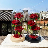 Trois roses éternelles sous cloche en verre, ornements, cadeaux pour la fête des mères, fleur simulée avec couvercle en verre, lumières LED