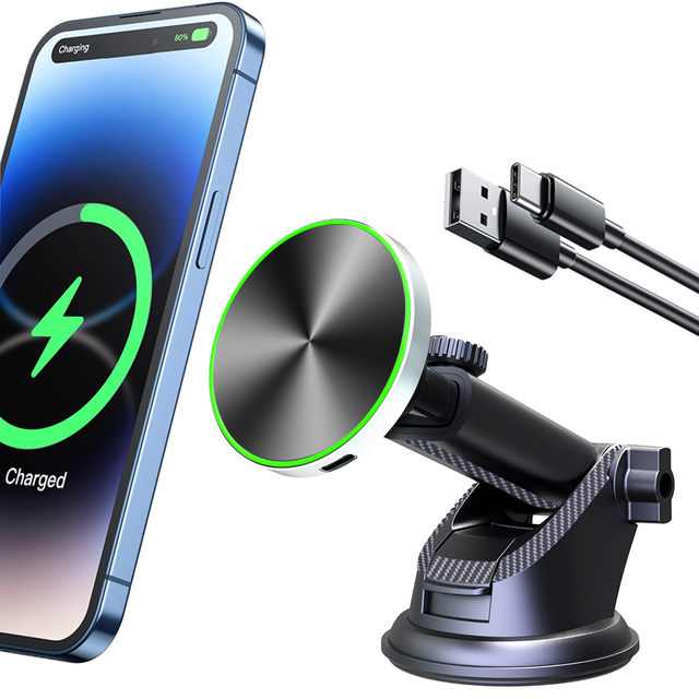Magnetic Car Phone Holder | 15W Fast Wireless Charger Holder 360° Rotatable N52 Magnet TPU Suction Cup for 4-7 Inch Phones