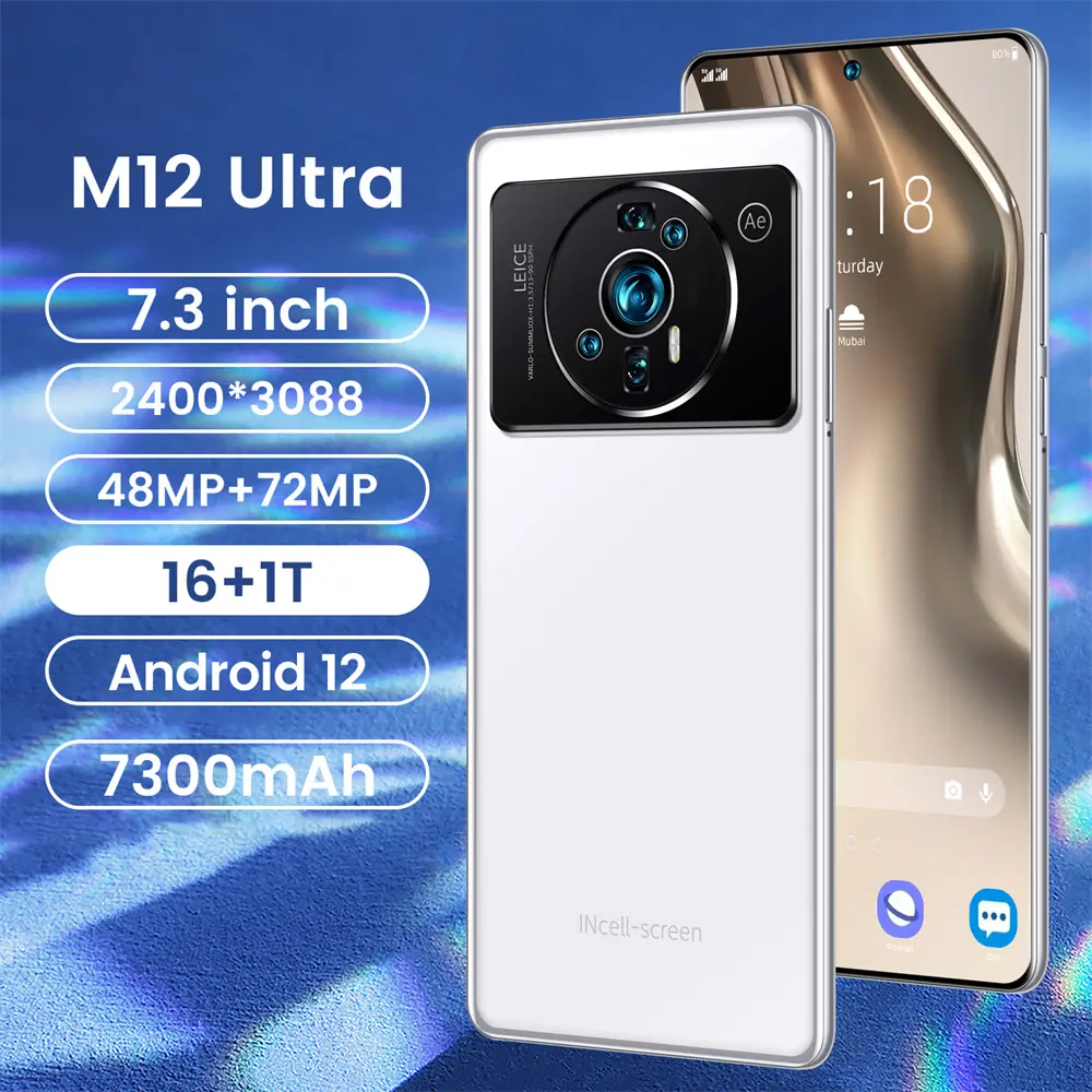 Düşük fiyat M12 Ultra büyük ekran 7.3-inç HD 48 + 72MP 7300 mah büyük pil 3gand4g smartphone Android telefon