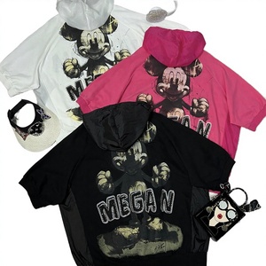 6682/Blouson rose en coton surdimensionné à demi-zip avec capuche, imprimé lettres scintillantes, empiècements contrastants, ensemble décontracté pour le quotidien et la mode urbaine - Product Image 3